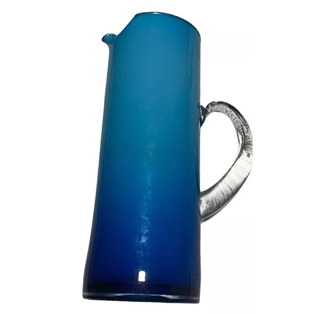 Italian Art Glass 10.25" tall Blue White Cased Clear Handled Pitcher MCM